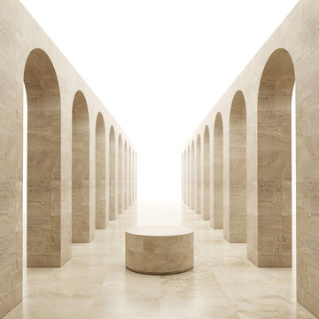 Empty stone pedestal in classic architectural colonnade hallway with pedestal architecture classical interior corridor structure exhibition backdrop monumental perspective limestone