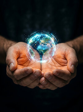 Hands holding glowing digital earth symbolizing global care