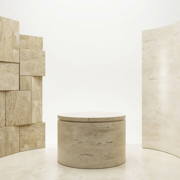 Minimalist stone pedestal display platform in modern architectural setting with pedestal platform architectural minimalist interior travertine showcase geometric sculpture background