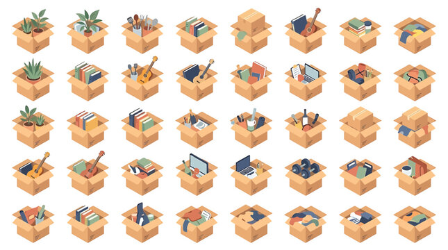 Collection of isometric cardboard boxes filled with various personal items for moving house concept