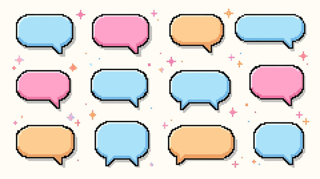 Set of colorful pixel art speech bubbles with sparkling stars for chat messages and social media design