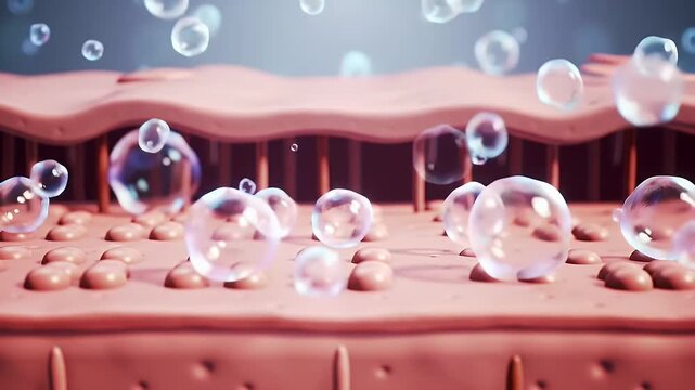 Microscopic view of skin layers with hydrating bubbles.