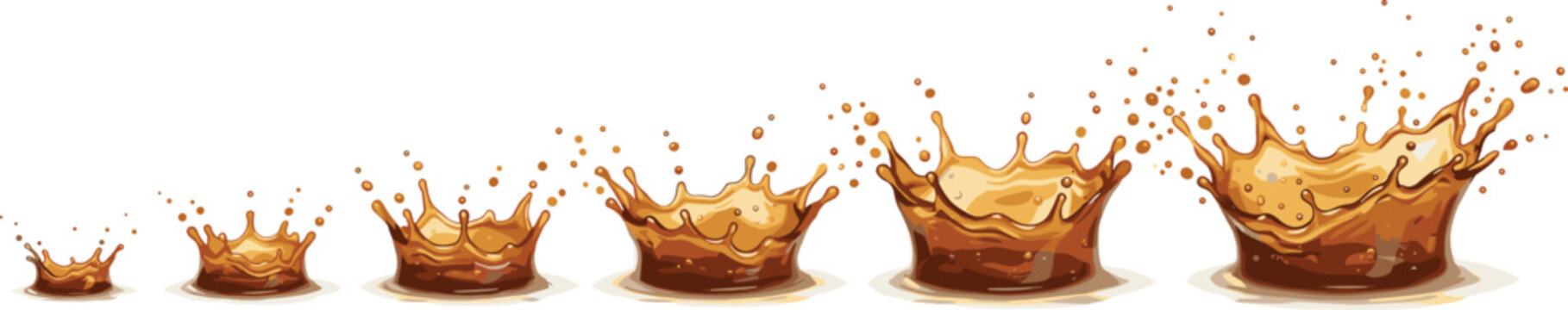 Brown Liquid Splash Vector Animation Sequence Frame Set of Coffee Tea Cola or Oil Crown Splashes Isolated on White