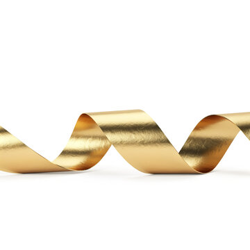 Elegant gold ribbon curled on white background with gift wrap gold leaf metallic celebration decoration background isolated material precious glamorous abstract minimalist reflection
