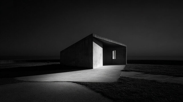 single structure surrounded by empty negative space, black and white photography