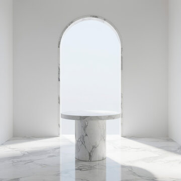 Minimalist marble table pedestal under architectural archway with interior design stone work white marble pedestal architecture minimalist interior sculptural minimalism showcase geometric