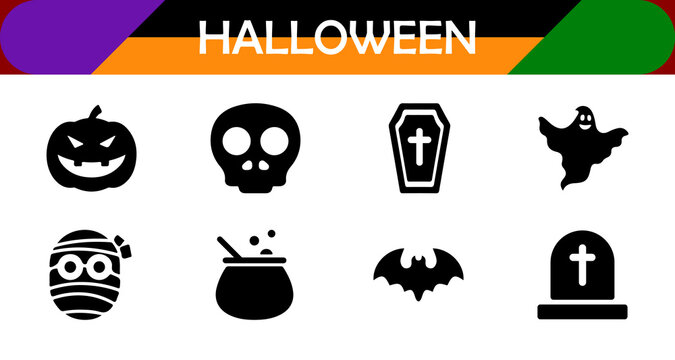 Halloween Icon Set Black Silhouette Vector Illustration Pumpkin Skull Ghost Coffin Mummy Cauldron Bat Gravestone