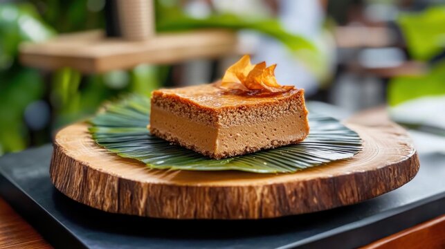 A delicious slice of cheesecake served on a banana leaf atop a rustic wooden board, garnished with a crisp topping. The dessert looks rich and inviting, perfect for a sweet treat