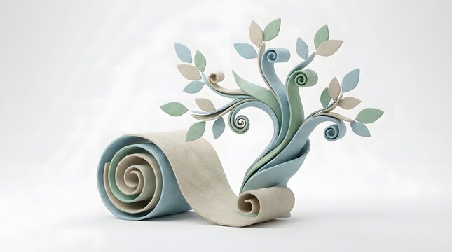 Stylized clay paper scroll tree with pastel leaves growing on a clean white background
