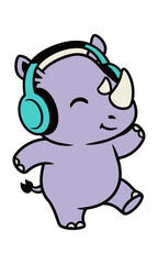 Fototapeta premium Cartoon baby rhinoceros character wearing large headphones on a white background modern music concept