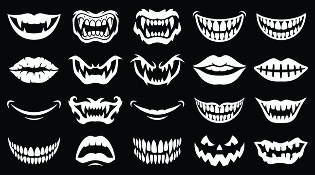 A comprehensive halloween vector bundle featuring a collection of scary monster mouths sharp teeth and creepy grins isolated on a black background