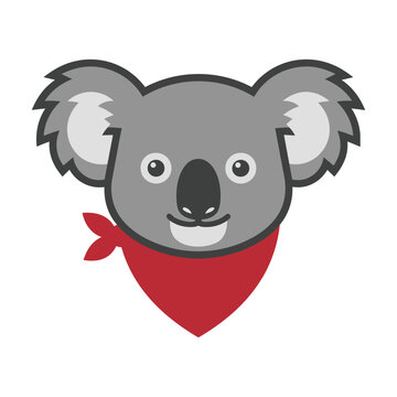 A charming and adventurous stylized koala head wearing a red bandana, designed with bold flat color blocks on a white background. Graphic animal character concept