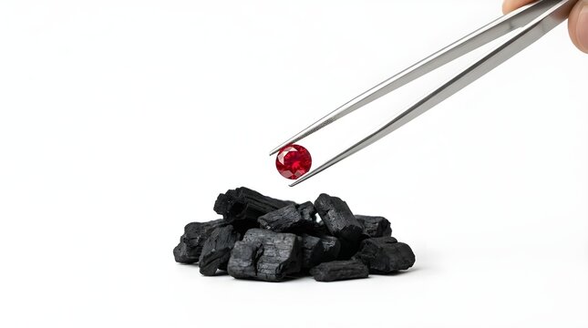 Precision Tweezers Holding Red Gemstone Over Charcoal Chunks