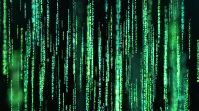 Matrix style digital code background with falling green binary numbers and characters