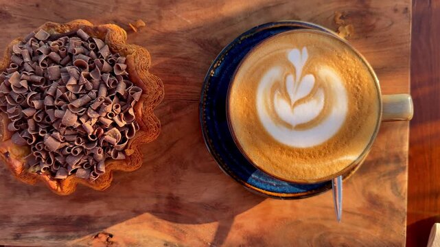 coffee cup and coffee and chocolate flan 