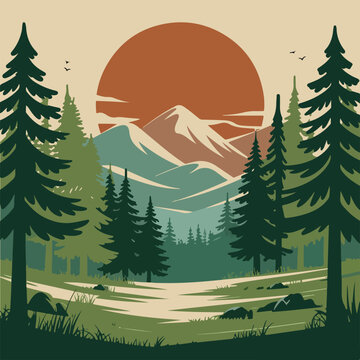 Vector Vintage Mountain Landscape Sunset Illustration, Pine Forest. Retro Nature Outdoors Scene Vector Art, Mountains & Sunset. 