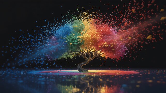 Abstract colorful fireworks explosion at night over water