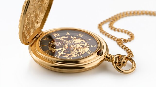 Elegant gold mechanical pocket watch with open face skeleton dial and chain isolated on white background