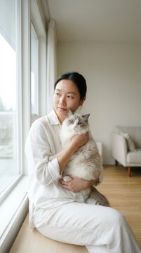 woman holding cat by window
