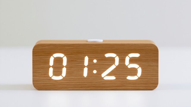 Minimalist wooden digital alarm clock with glowing white LED numbers showing 01:25 on a plain background