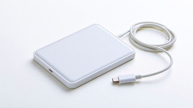 White External Hard Drive with USB-C Cable Isolated on White Background