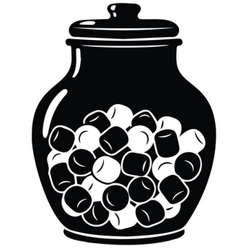 Marshmallow jar vector silhouette illustration. candy jar line art. sweet food container.