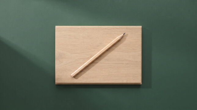 Blank wooden board with pencil lying diagonally in minimalist flat lay style in natural wood and dark green tones representing eco-friendly stationery mockup with copy space