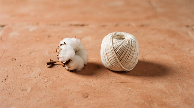 Raw cotton flower boll and yarn ball in white, cream, and terracotta tones representing organic textile production and eco-friendly crafting with copy space