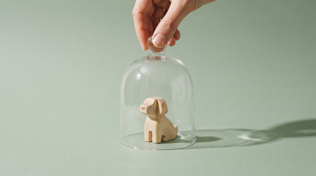 Person hand holding glass cloche dome over wooden dog figurine with careful protective touch demonstrating pet health insurance and animal welfare against sage green background with copy space