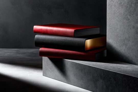 Stack of books on concrete block. Education concept.