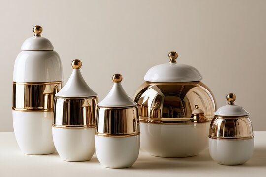 White and gold ceramic jars. Luxury kitchen decor.
