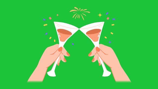 Two hands toasting with champagne glasses on a green background loop animation celebration party holiday concept