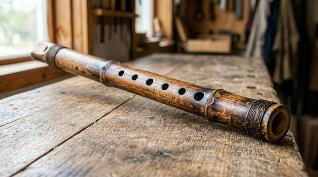 vintage wooden flute on rustic table