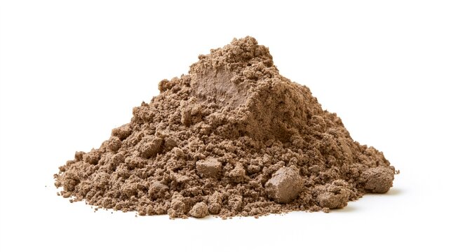 Pile of brown soil or clay powder isolated on white background