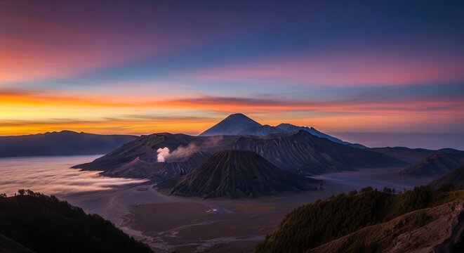 Volcanic caldera sunrise, mist, vibrant sky, dramatic landscape, mountain panorama