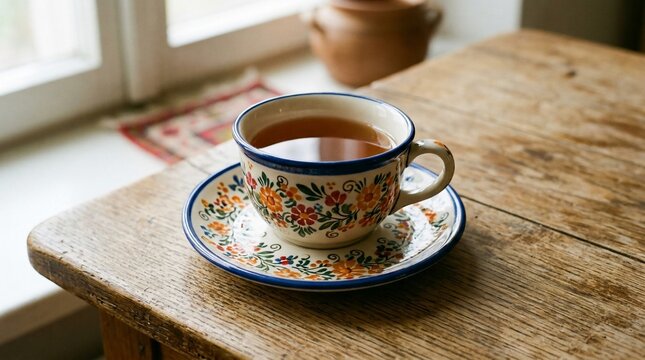 Floral ceramic tea cup on a rustic wooden table