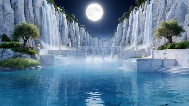 Fantasy Moonlit Waterfall with Marble Bridge and Ethereal Lake Landscape at Night