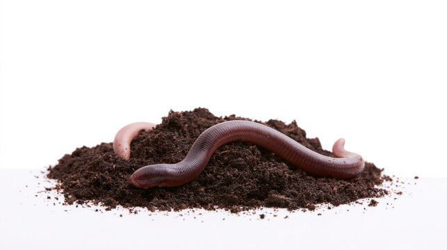 Earthworm crawling on a pile of rich dark soil isolated on a white background
