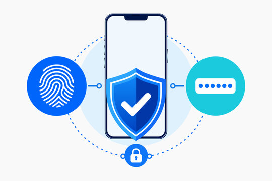 Multi factor authentication security. Smartphone fingerprint verification. Secure identity access. Flat illustration