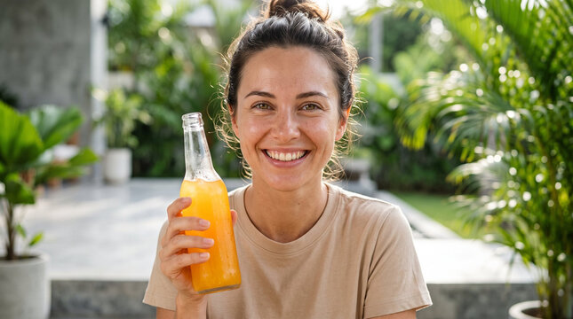 Cheerful young woman with radiant joyful smile holding glass bottle of orange beverage promoting healthy hydration against tropical outdoor garden backdrop
