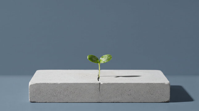 Green sprout breaking through concrete block in slate blue tones representing urban farming growth and city greening with copy space