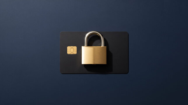 Brass padlock resting on black credit card in gold, black, and navy blue tones representing financial cybersecurity and banking protection with copy space