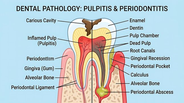 Dental pathology: pulpitis and periodontitis diagram with dental anatomy