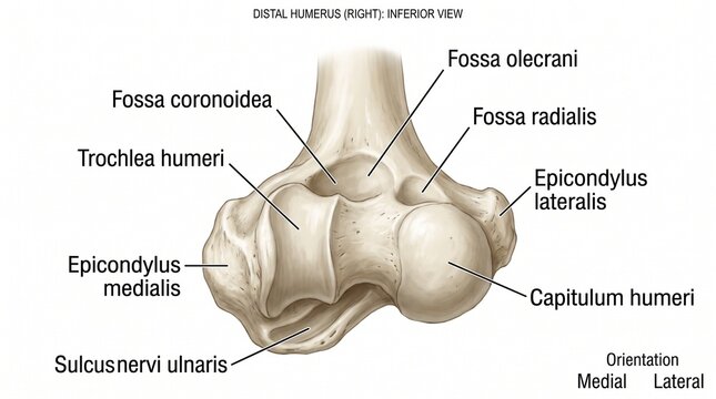 Anatomical diagram of the human elbow joint with labeled bones and structures