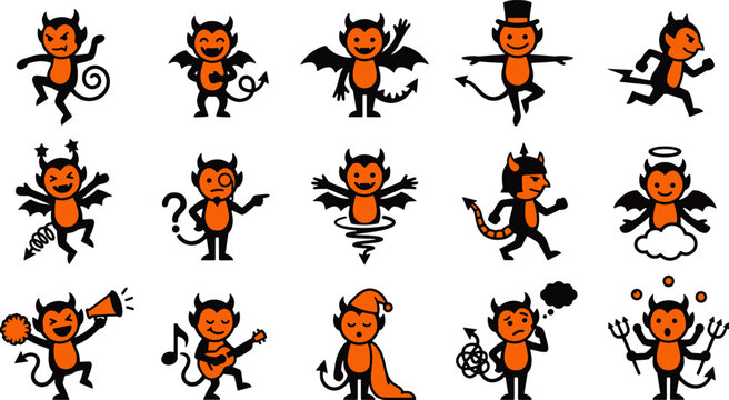 Orange halloween devils and imps cartoon set on a white background for spooky seasonal designs