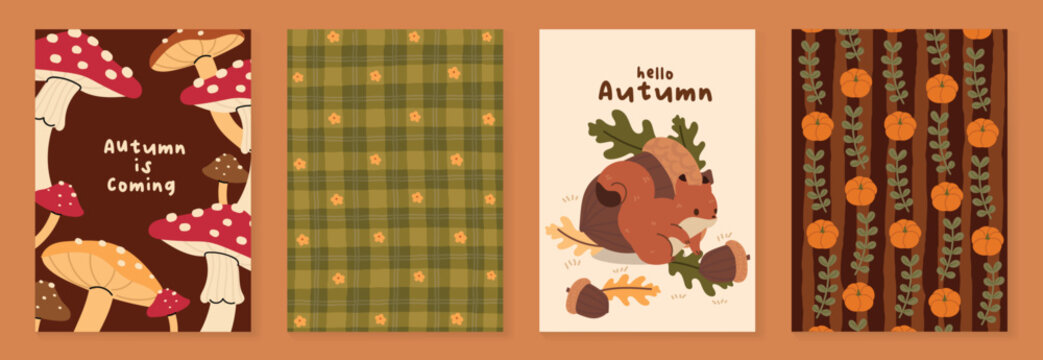 Autumn poster templates and patterns vector set. Seasonal fall illustrations with leaves, pumpkin, flowers and botanical elements for greeting card, cover, print, wall art and background.
