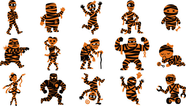 Collection of orange and black cartoon mummies with various poses halloween vector illustration