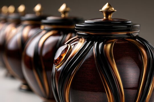 Ornate decorative jars aligned in a row.