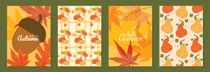Obraz premium Autumn poster templates and patterns vector set. Seasonal fall illustrations with leaves, pumpkin, flowers and botanical elements for greeting card, cover, print, wall art and background.