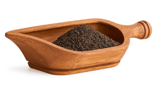 Ground coffee or black tea in a handcrafted wooden scoop isolated on a white background